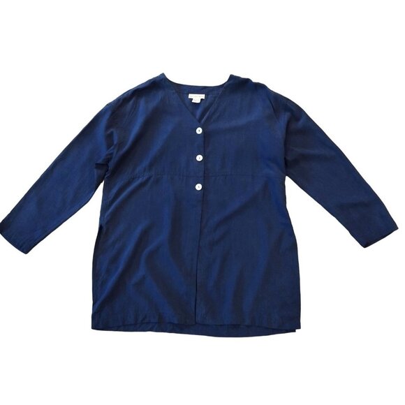 Apostrophe Navy Blue 100% Silk V Neck Mother Pearl Button Tunic Top M - Picture 1 of 12